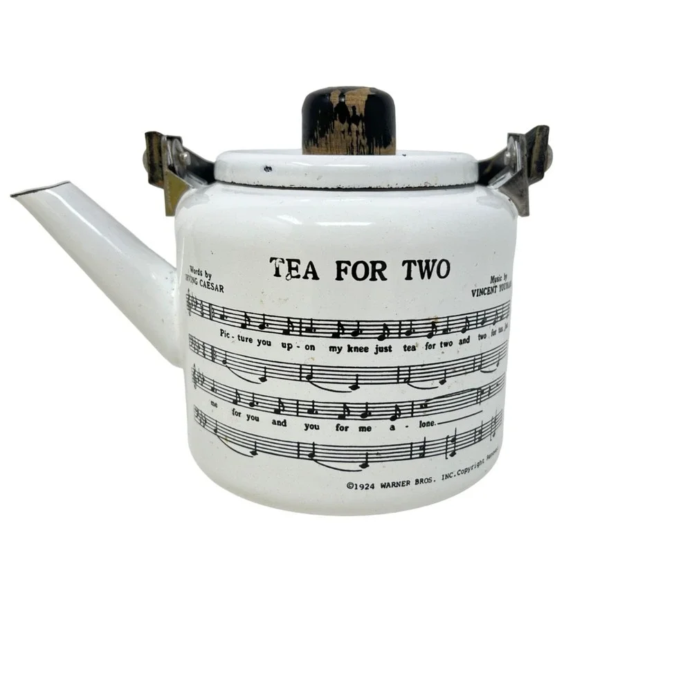 Tea For Two Teapot‎ Vintage 1979 Kamenstein Porcelain Enamel Metal Wood Handle